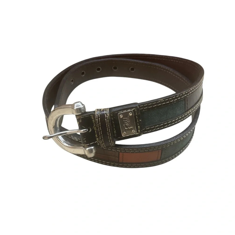 Fossil Belt Patchwork Size M Multicolor Genuine Leather Silver Tone Buckle